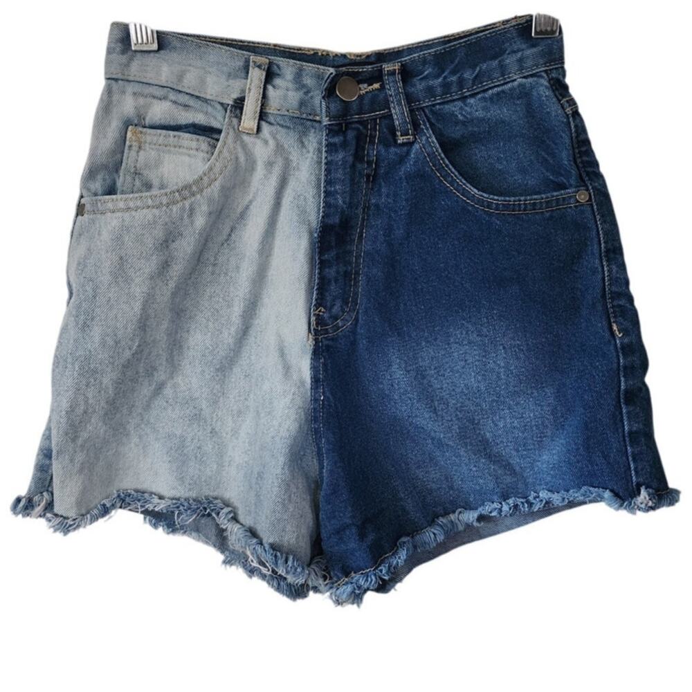 Nasty Gal Denim Jean Raw Hem 2 Toned Half Dark Half Light High Rise Shorts Sz 0